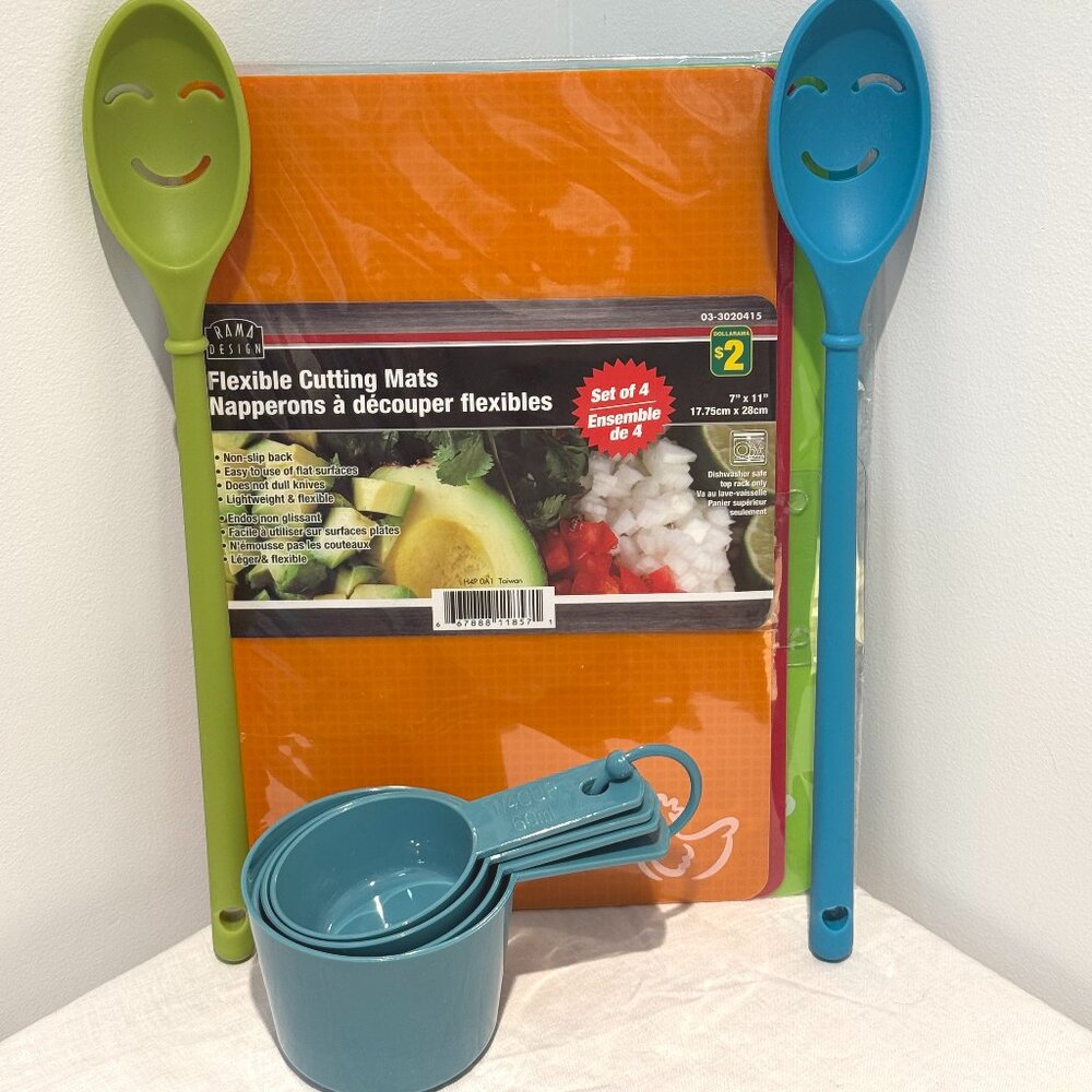 3/$20 Cute Kitchen Bundle Measuring Cups, Smiley Spoons & Cutting Mats Colorful